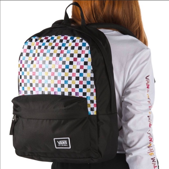 Vans Handbags - >💟REALM GLITTER🌈 RAINBOW CHECKERBOARD /BLACK 🎒CANVAS  BACKPACK BRAND NEW VANS